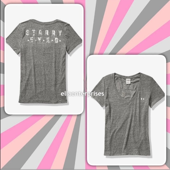 PINK Victoria's Secret Tops - VS Pink Starry Eyed Gray Silver Bling V-Neck Tee